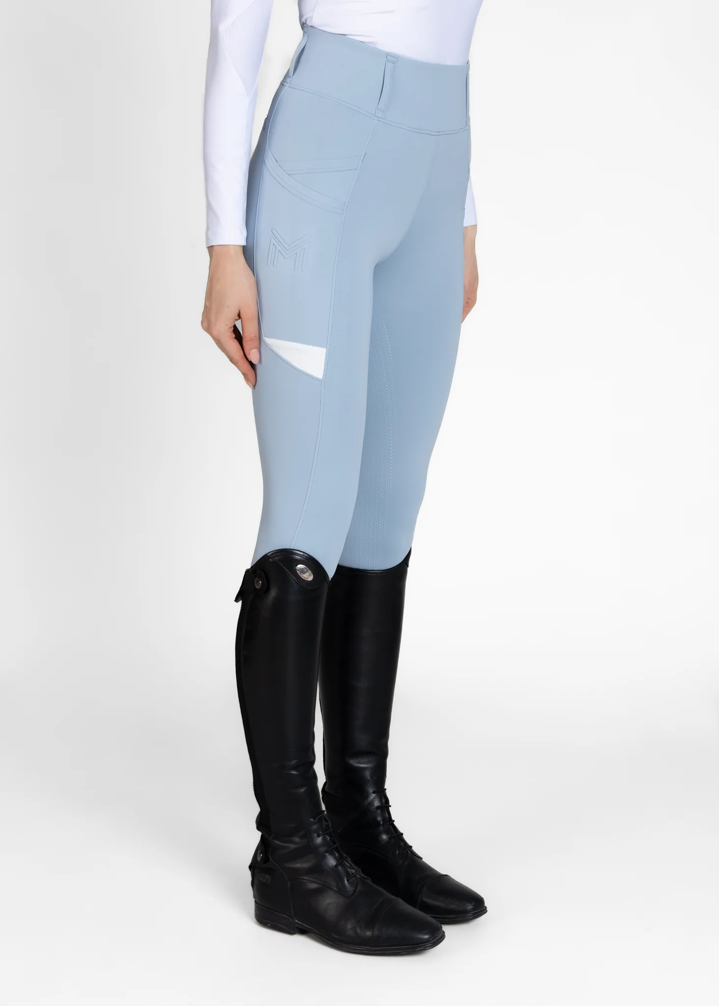 CALÇAS DE EQUITAÇÃO PARA SENHORA TECH RIDING LEGGINGS AZUL CLARO FULL GRIP MAXIMILIAN EQUESTRIAN