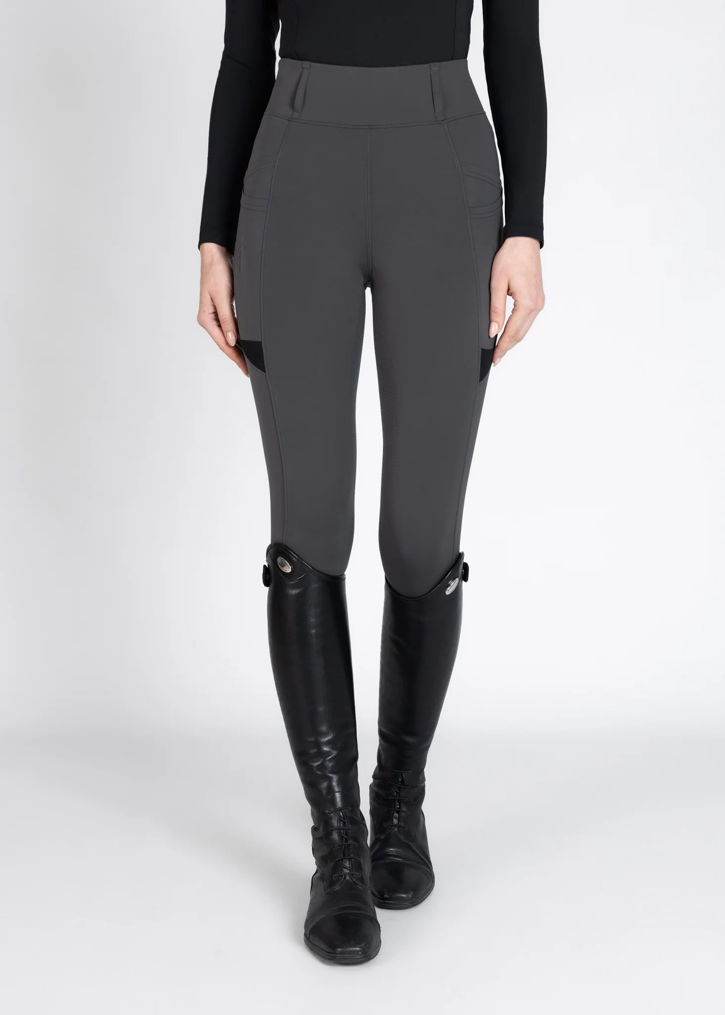 CALÇAS DE EQUITAÇÃO PARA SENHORA TECH RIDING LEGGINGS CINZA FULL GRIP MAXIMILIAN EQUESTRIAN