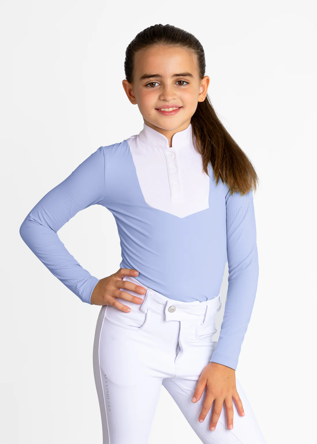 CAMISOLA DE EQUITAÇÃO PARA COMPETIÇÃO DE CRIANÇA LONG SLEEVE SIENNA SHOW POLO PARA CONCURSO CRIANÇA IRÍS BLUE
